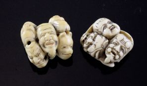 Two Japanese ivory multi noh mask netsuke, 19th century, each carved with six or seven faces,