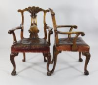 A matched pair of George II armchairs, in the manner of Giles Grendey, one mahogany, the other