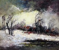 Gustave Helinck (Belgian, 1884-1954)oil on wooden panel,Winter landscape,signed,11 x 13in.