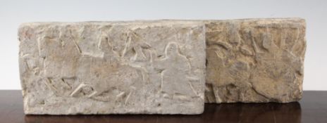 A pair of rectangular pottery tomb bricks, Han dynasty, each modelled in low relief with a