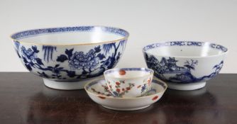 Two Chinese blue and white bowls and a verte Imari tea bowl and saucer, Qianlong period, the largest