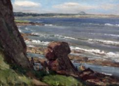 § Patrick Downie (1854-1945)oil on board,`Summertime, Bell House Bay, Dunbar`,signed and inscribed