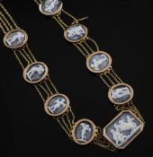 A late Victorian four strand gold and hardstone cameo choker necklace, set with ten oval (one