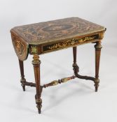 A late 19th century mahogany and marquetry inlaid drop leaf table, with ormolu mounts, the top