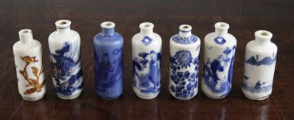 Seven Chinese porcelain snuff bottles, late 19th / early 20th century, five painted in underglaze