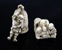Two Japanese ivory netsuke, Meiji period, the first carved as a seated figure of Hotei, holding a