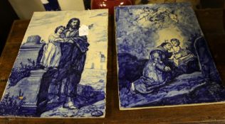 Two Italian maiolica rectangular plaques, 20th century, each painted in blue, the first with a
