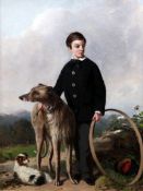 G* F* Day (ex.1850-1869)oil on canvas,Portrait of a boy standing with a deerhound and a spaniel,