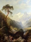 Follower of J M W Turner (1775-1851)oil on canvas,Alpine landscape with women beside a stream,40 x