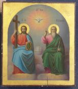 Greek Schooltempera on wooden panel,Icon depicting Christ and a saint,16 x 14in., unframed