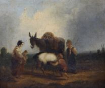 After William Collinsoil on canvas,Figures with a donkey and goat on the shoreline,12 x 14in.