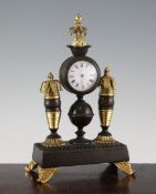 A Regency bronze and ormolu mantel timepiece, with pineapple finial, enamelled dial and pocket watch