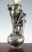 A WMF Art Nouveau silver plated vase, now converted to a table lamp, decorated with a figure and dog