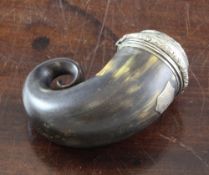 A 19th century Scottish horn snuff mull, the silver mounted hinged lid, inset with a Cairngorm stone