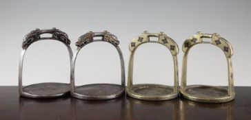 Two pairs of Chinese stirrups, 18th / 19th century, the first pair in bronze of typical arched form,