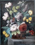 18th century Dutch Schoolgouache on paper,Still life of flowers in a basket upon a ledge,11 x 8.