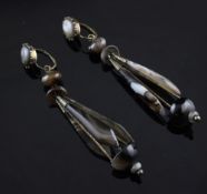 A pair of Victorian gold and banded agate drop earrings, of elongated triple section pear form, 3.