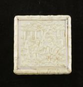 A Chinese export ivory tangram puzzle box, 19th century, with sliding lid, carved with figures and