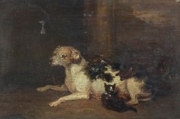 Early 19th century English Schooloil on wooden panel,Interior with dog and puppies,5.5 x 8in.