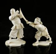 Two Japanese ivory figures of a young swordsmen and his master, Tokyo School, Meiji period, the