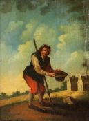 18th Century Flemish Schooloil on wooden panel,A peasant in a landscape, cottages beyond,9.5 x 7in.