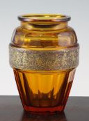 A Moser amber glass ovoid vase, early 20th century, decorated to a gilded and etched band with