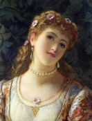 Augustus Jules Bouvier (1827-1881)watercolour,Portrait of a girl wearing daisies in her hair,