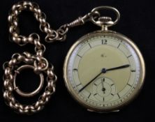 A 1930`s continental 14ct gold keyless lever dress pocket watch, with baton and quarterly Arabic