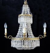 A Victorian style cut glass and brass bag chandelier, with four scrolling sconces, W.1ft 10in.