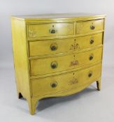 A 19th century painted bow front chest, of two short and three long drawers, decorated with