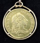 A Charles III 6 ducat coin, Naples 1755, on gold-mounted silk ribbon suspension.