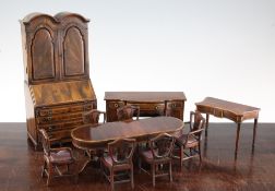 A collection of dolls house furniture, including a nine piece Regency style dining room suite with