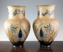 Florence Barlow for Doulton Lambeth. A large pair of Art Nouveau style baluster vases, c.1905, the