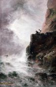 Sarah Louise Kilpack (1839-1909)oil on card,Figures overlooking a stormy sea,signed,8.75 x 5.5in.
