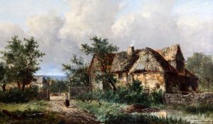 Joseph Thors (1863-1900)oil on canvas,Figures beside a thatched farmhouse,signed,10 x 16in.