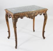 A French Louis XV style carved walnut marble top side table, with acanthus scroll frieze, on