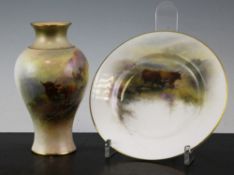 Harry Stinton for Royal Worcester. A baluster vase and a small plate, c.1926-29, each painted with