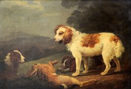 18th century English Schooloil on wooden panel,Spaniels in a landscape with a dead rabbit,10.25 x