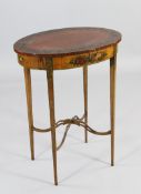 An Edwardian oval satinwood and painted occasional table, the hinged top revealing a velvet