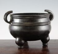 A large Chinese bronze ding censer, four character seal mark, with a pair of fluted flying scroll