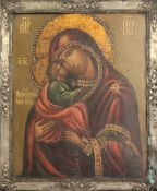 Russian Schooltempera on panel,Icon of the Virgin and Child,14.25 x 12in., with white metal frame
