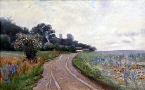 Olaf Viggo Peter Langer (Danish, 1860-1942)oil on canvas,Springtime on a country lane,signed,18 x