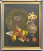 Late 19th century English Schooloil on canvas,Still life of fruit, a glass and metalware on the