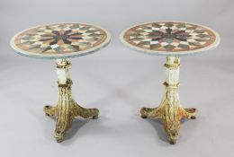 A pair of circular occasional tables, with specimen marble tops, on hexagonal cast iron columns