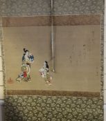 Two Japanese scroll paintings, Meiji period, the first depicting a female beauty and a musician,