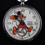 A mid 20th century novelty nickel cased Ingersoll Mickey Mouse keyless pocket watch, with Arabic