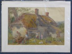 John Absolon (1815-1895)watercolour,Knife grinder outside a cottage,signed and dated 1887,10 x 15.