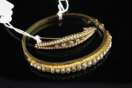 A high carat gold and graduated baroque pearl set hinged bracelet, together with a gold, diamond and