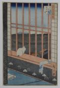 Hiroshige (1797-1858)woodblock print,100 Famous Places of ... Cat on a window sill,13.5 x 9in.,