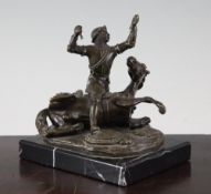 A 20th century patinated bronze of St George and a fallen horse, unsigned, on rectangular marble